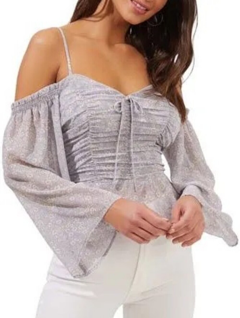 ASTR The Label Floral Ruched Cold Shoulder Peplum Top Gray/blue Cottagecore Fary